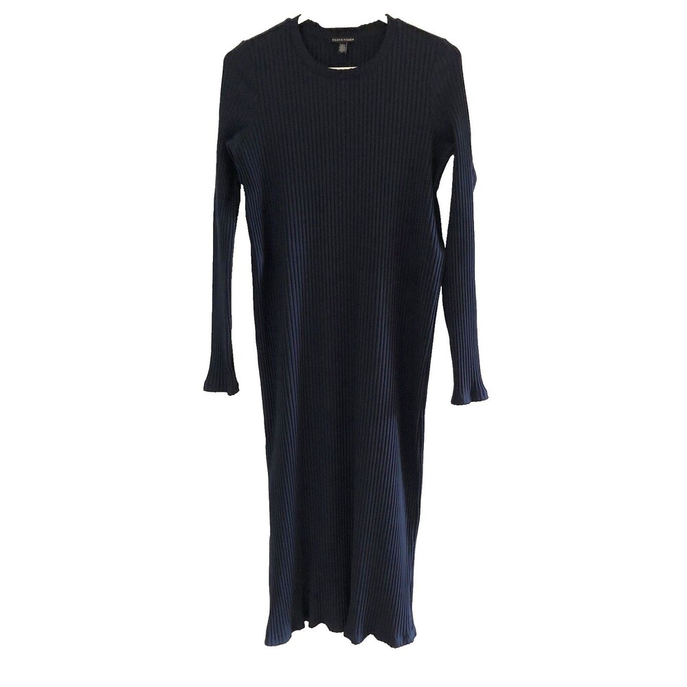 Eileen Fisher Textured Stretch Rib Crew Neck Long Sleeve Tencel Dress Blue Small
